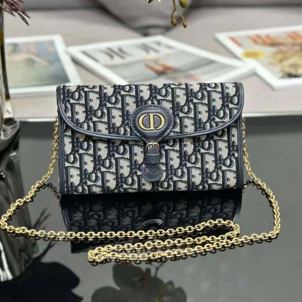 TÚI Dior Women Bobby East-west Pouch with Chain Blue Dior Oblique Jacquard