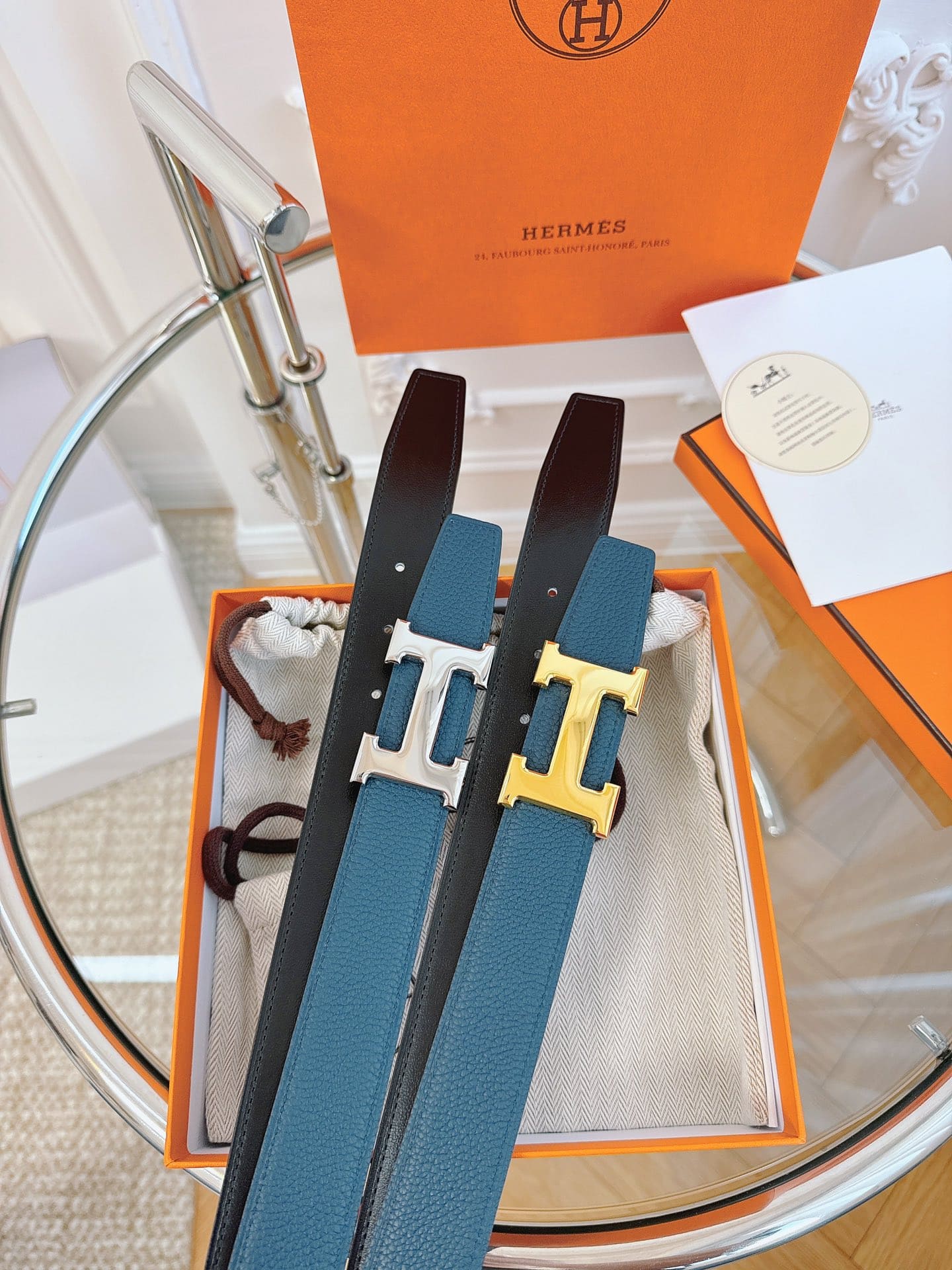 DÂY LƯNG HERMES H BLUE Togo leather hai mặt khóa bạc