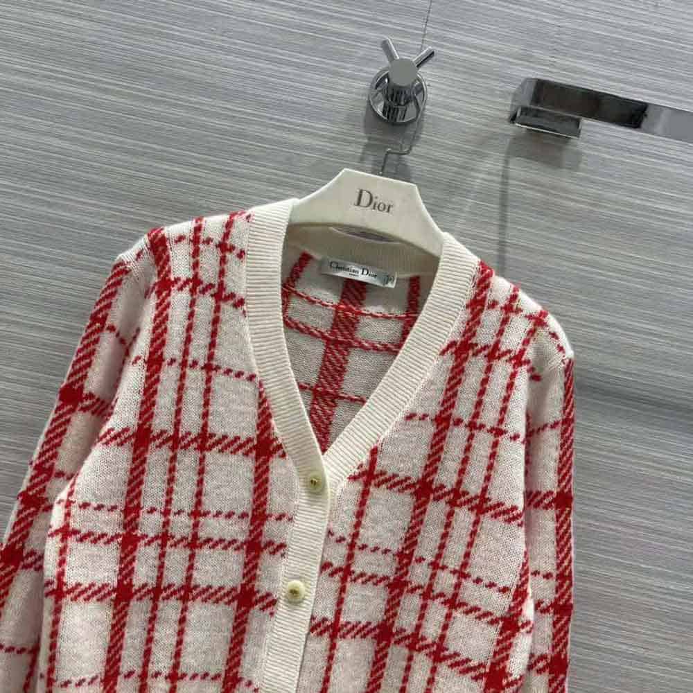 ÁO DIOR Women Buttoned Cardigan Raspberry and Ecru Check’n’Dior Pop Technical Wool