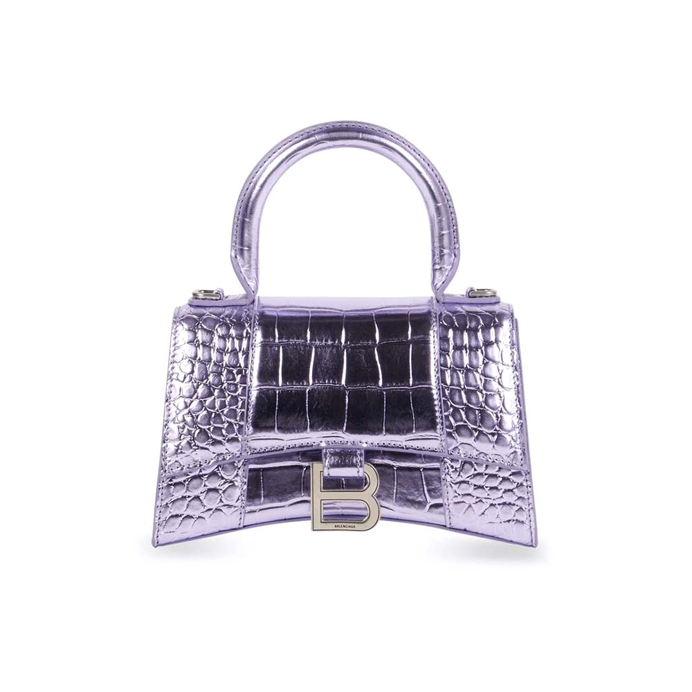 TÚI Balenciaga Women Hourglass XS Handbag Metallized Crocodile Embossed in Purple