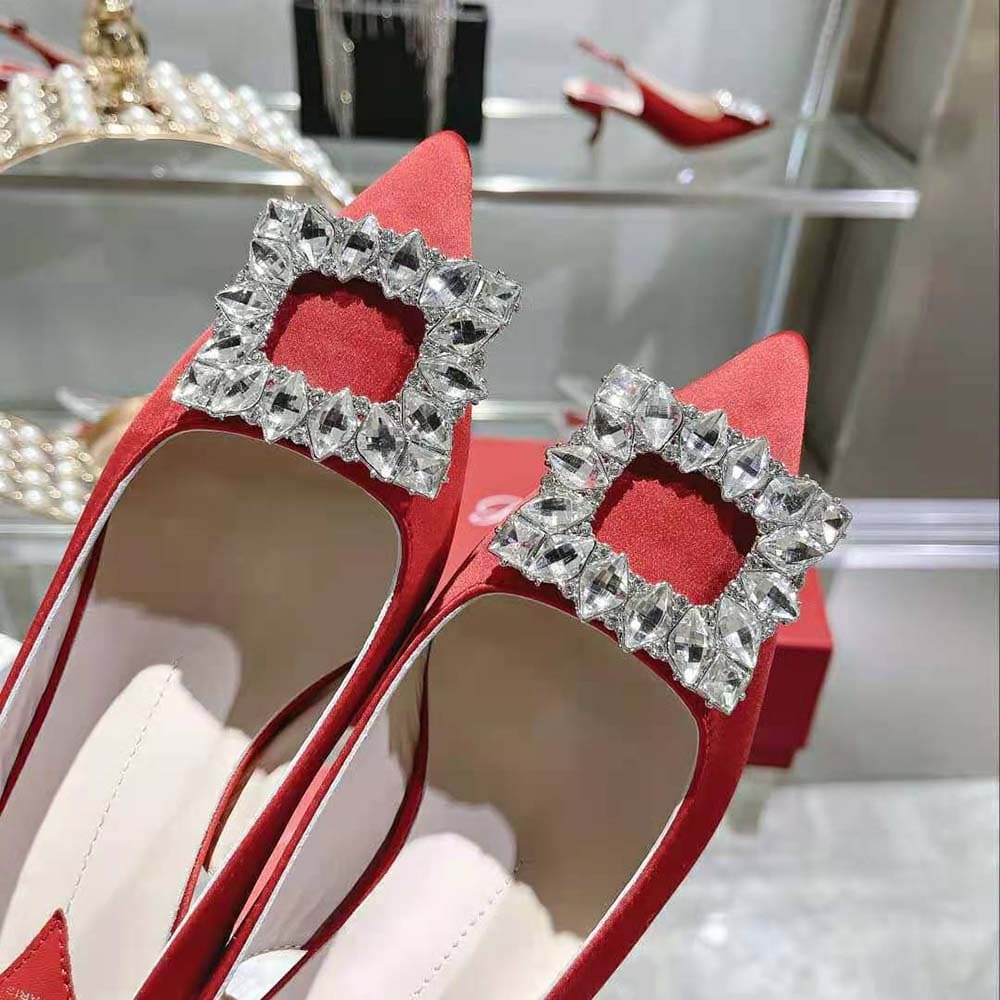 GIÀY Roger Vivier Women Virgule Strass Buckle Slingback Pumps in Satin-Red