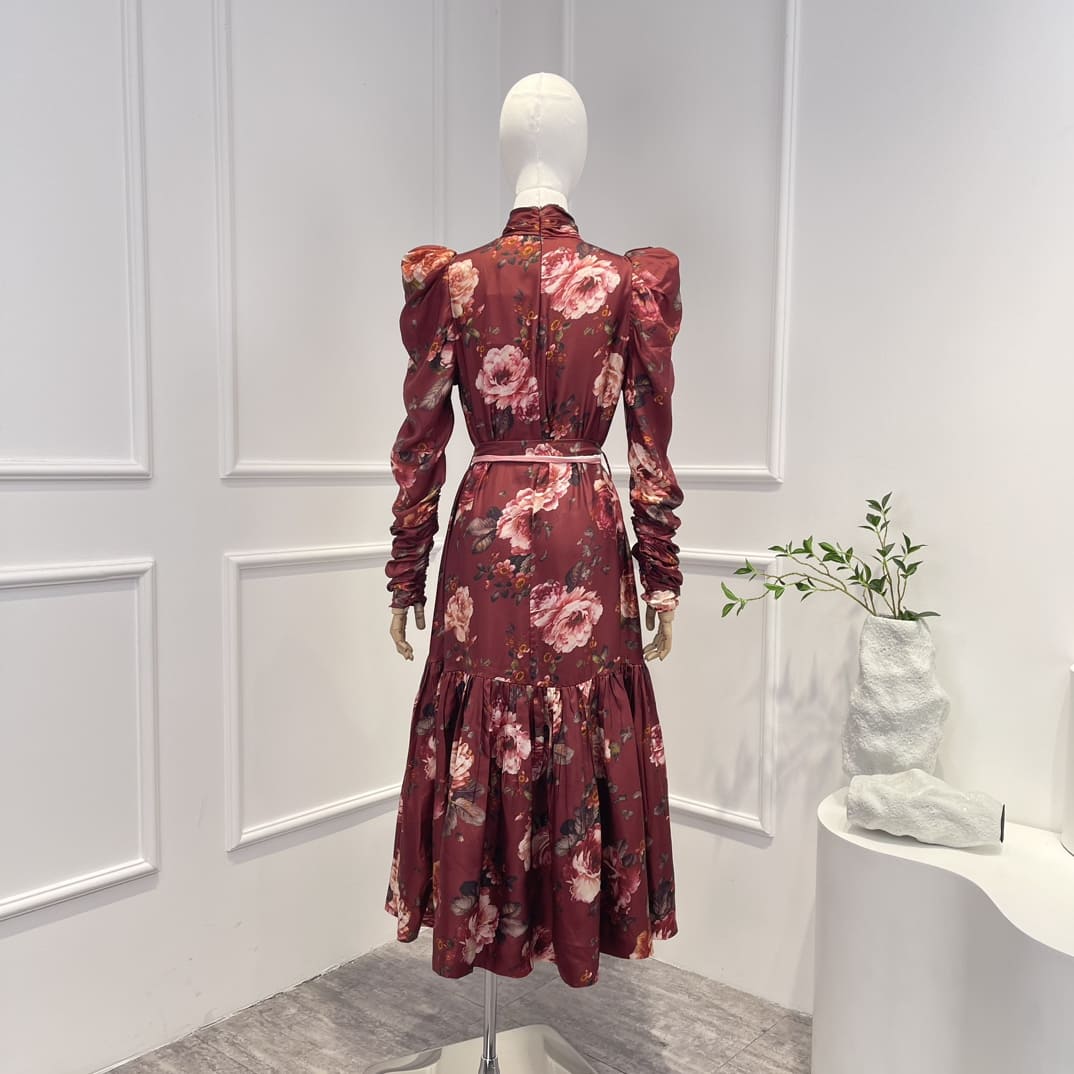 VÁY ZIMMERMANN Pink Rose Print Red Midi Dress with belt High Classy