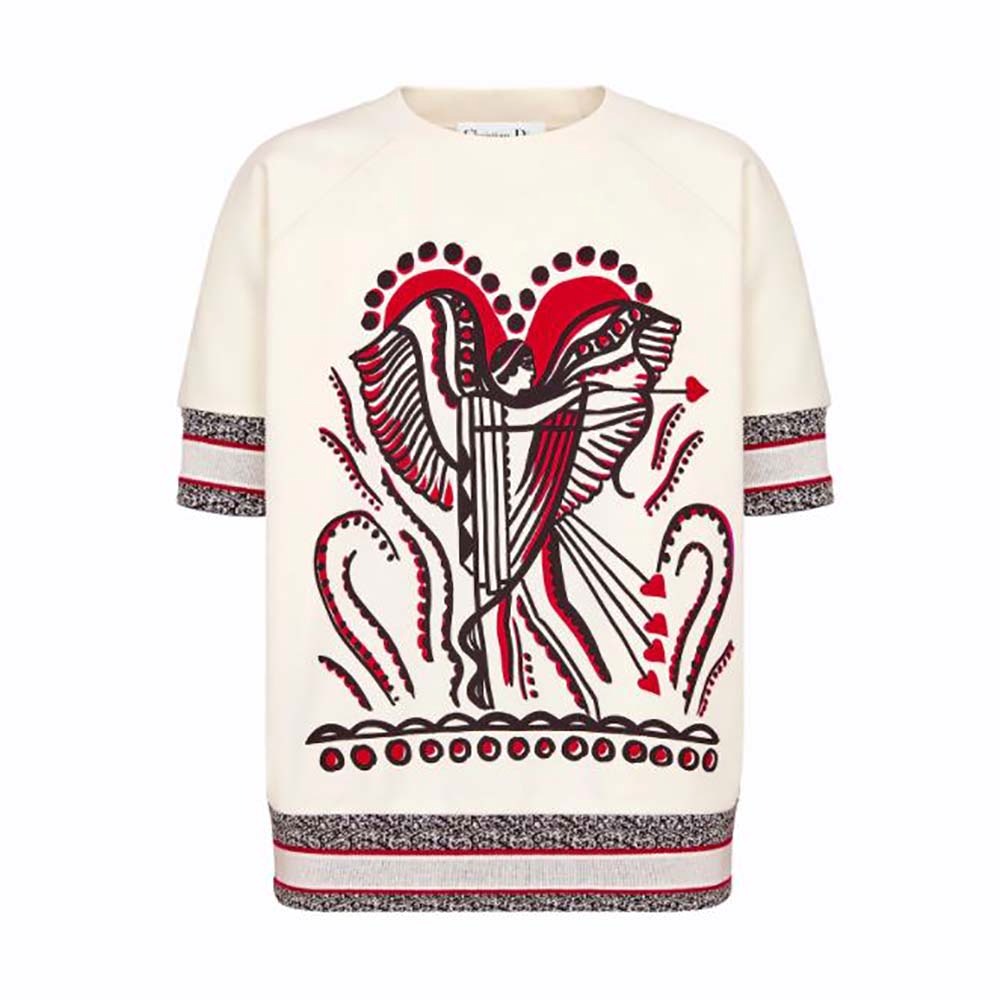 ÁO Dior Short-Sleeved Sweatshirt White Cotton Jersey with Multicolor Cupidon Motif