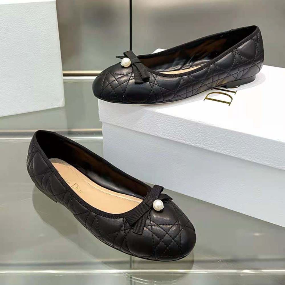 GIÀY Dior Women Ballet Flat Quilted Cannage Calfskin-Black
