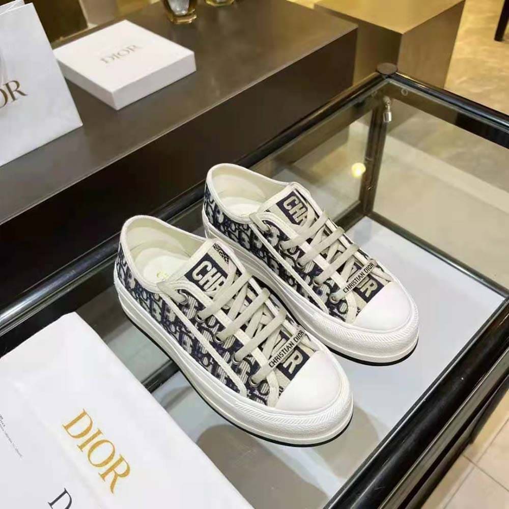 GIÀY Dior Women Walk’N’Dior Platform Sneaker Deep Blue Dior Oblique Embroidered Cotton