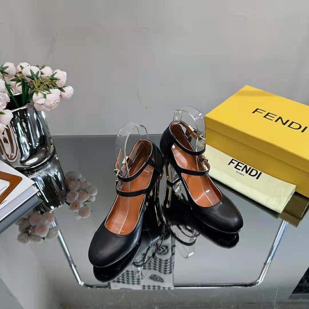 GIÀY Fendi Women Delfina Black Leather High-Heeled Pumps-Black