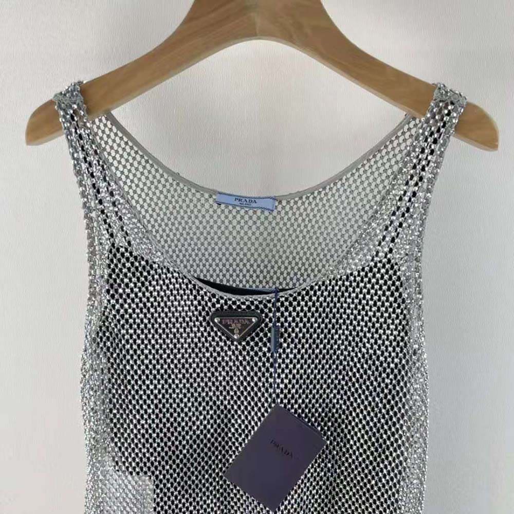 Váy Prada Women Rhinestone Embroidered Mesh Mini-Dress