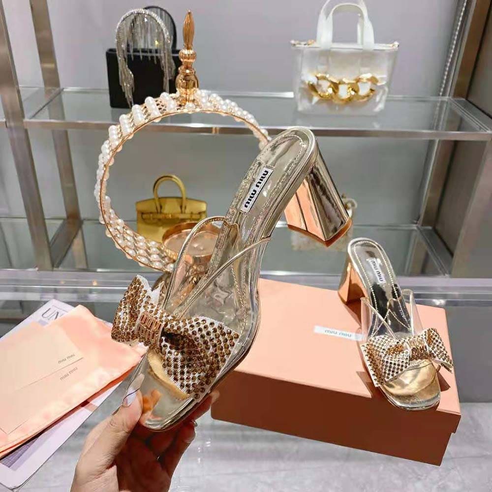 GIÀY Miu Miu Women Vinyl and Metallic Leather Sandals with Crystals