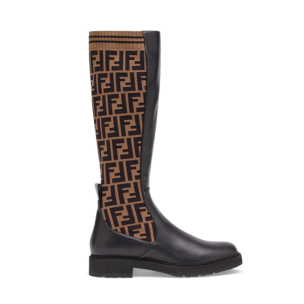 Giày Fendi Women Rockoko Black Leather Ankle Boots with Stretch Fabric