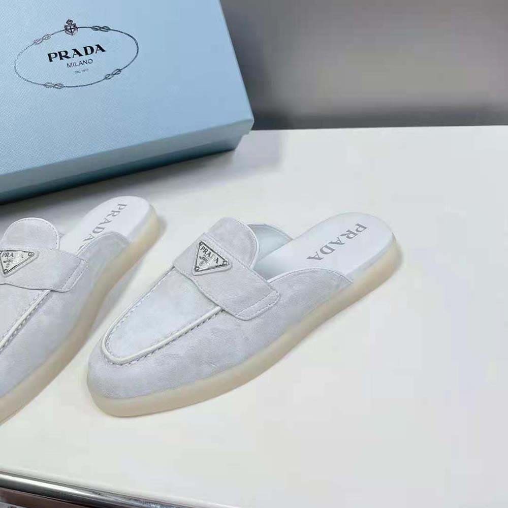 GIÀY Prada Unisex Suede Leather Sabots with Enameled Metal Triangle Logo-White