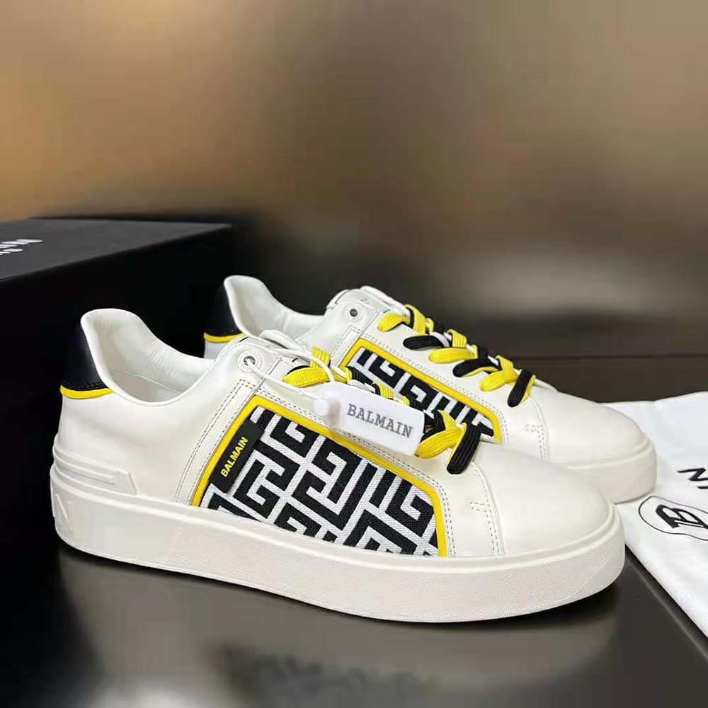 GIÀY Balmain Unisex B-court Monogrammed Nylon and Leather Trainers-White