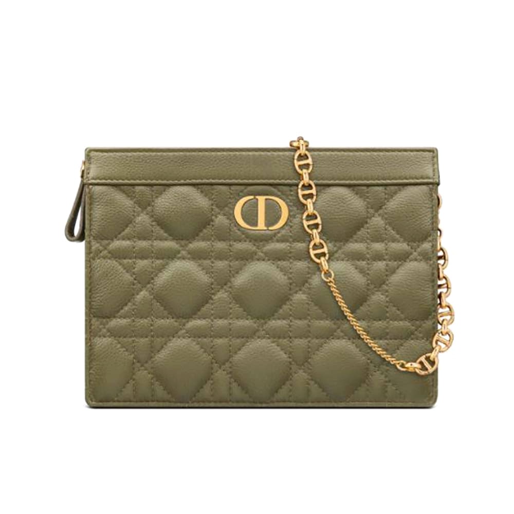 TÚI Dior Women Caro Zipped Pouch with Chain Cedar Green Supple Cannage Calfskin-Green