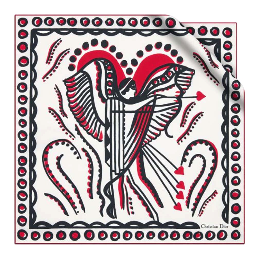 KHĂN Dior Women Cupidon Square Scarf White Black and Red Silk Twill