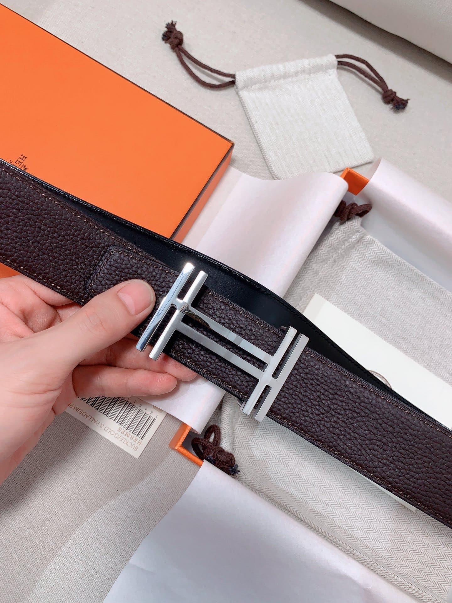 DÂY LƯNG HERMES Double H Matte Black Togo leather hai mặt khóa bạc
