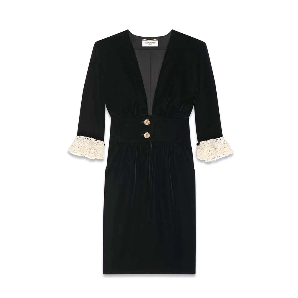 Váy Saint Laurent Ysl Women V-Neck Midi Dress In Cupro Velvet-Black