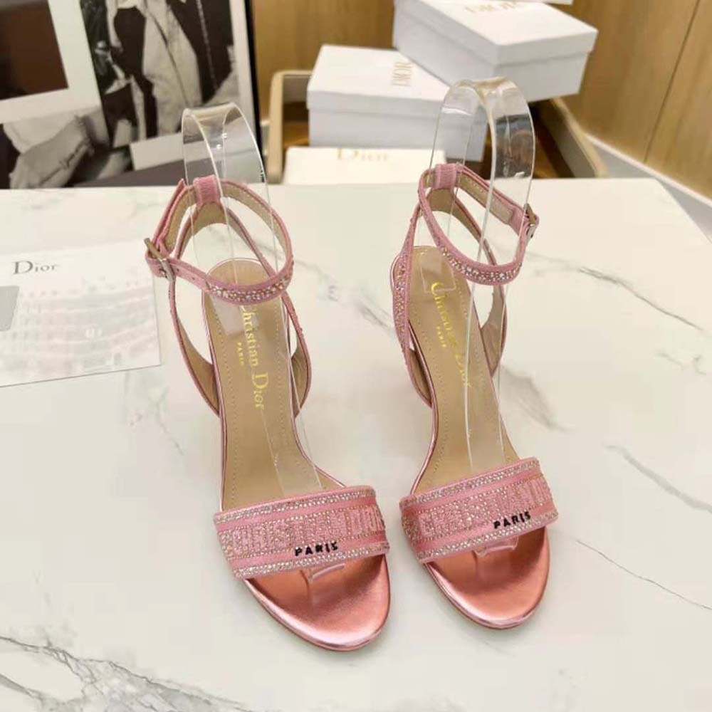 GIÀY Dior Women Dway Heeled Slide Pink Cotton Embroidered with Metallic Thread and Strass