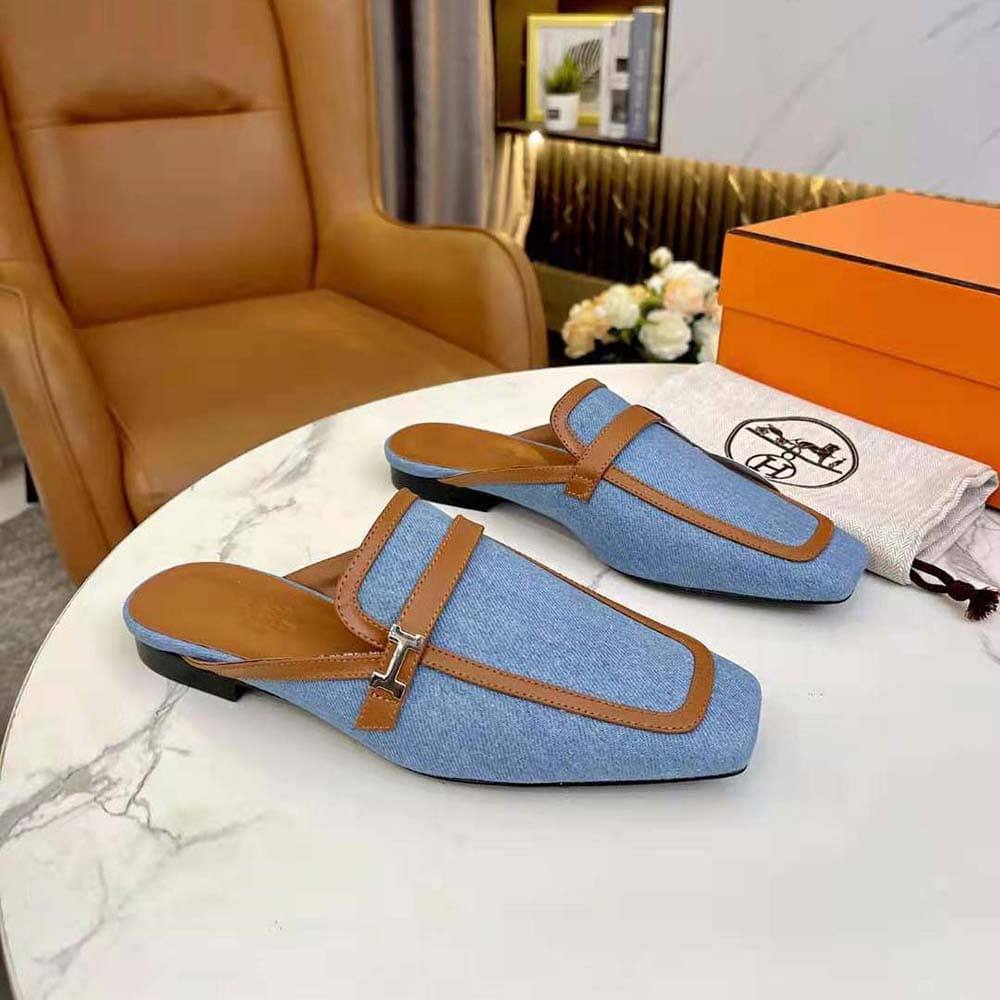 GIÀY Hermes Women in H Canvas and Calfskin-Brown