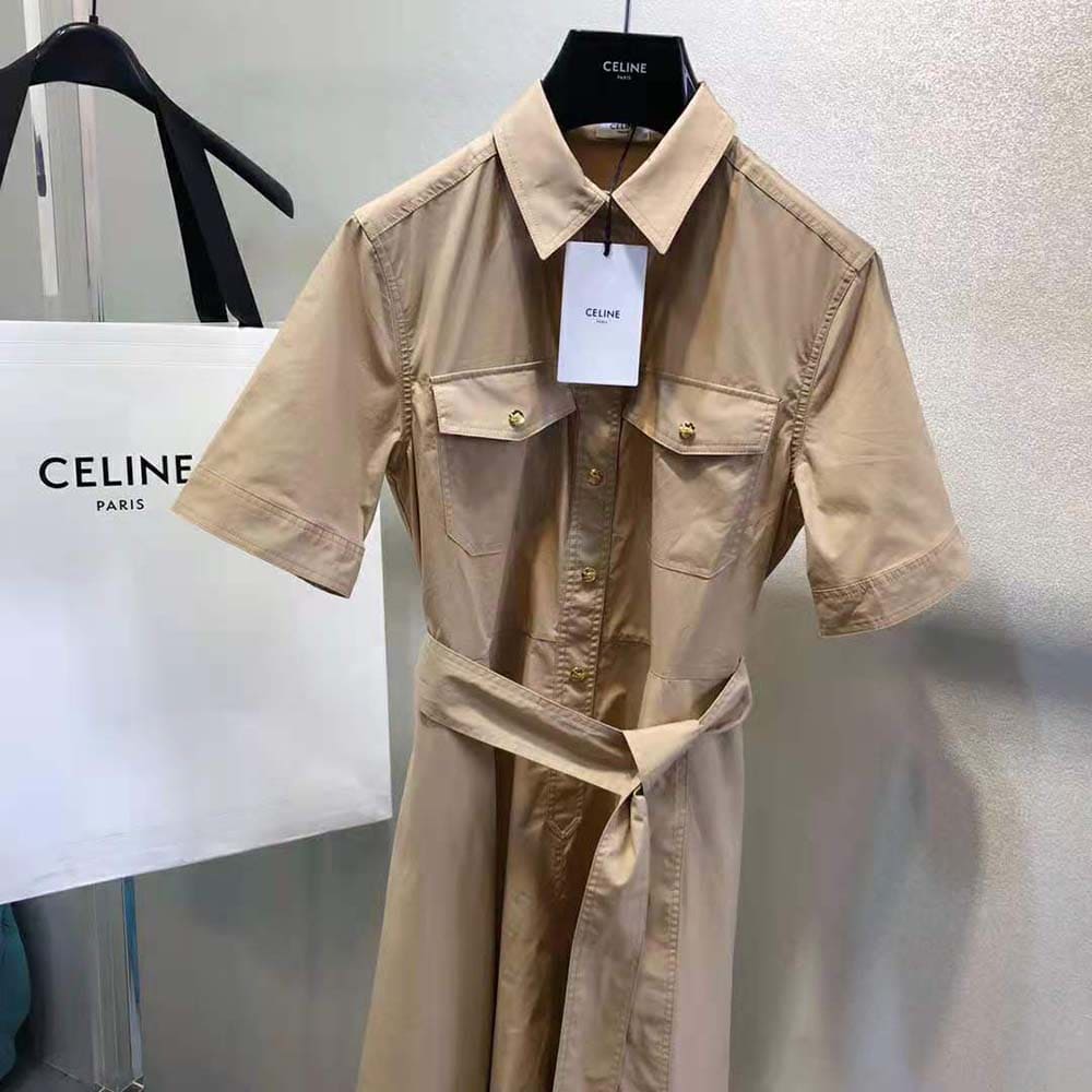 Váy Celine Women Shirt Dress in Lightweight Cotton-Brown