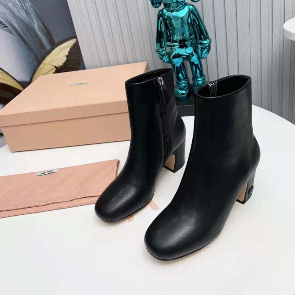 GIÀY Miu Miu Women Leather Booties with Metal Lettering Logo-Black