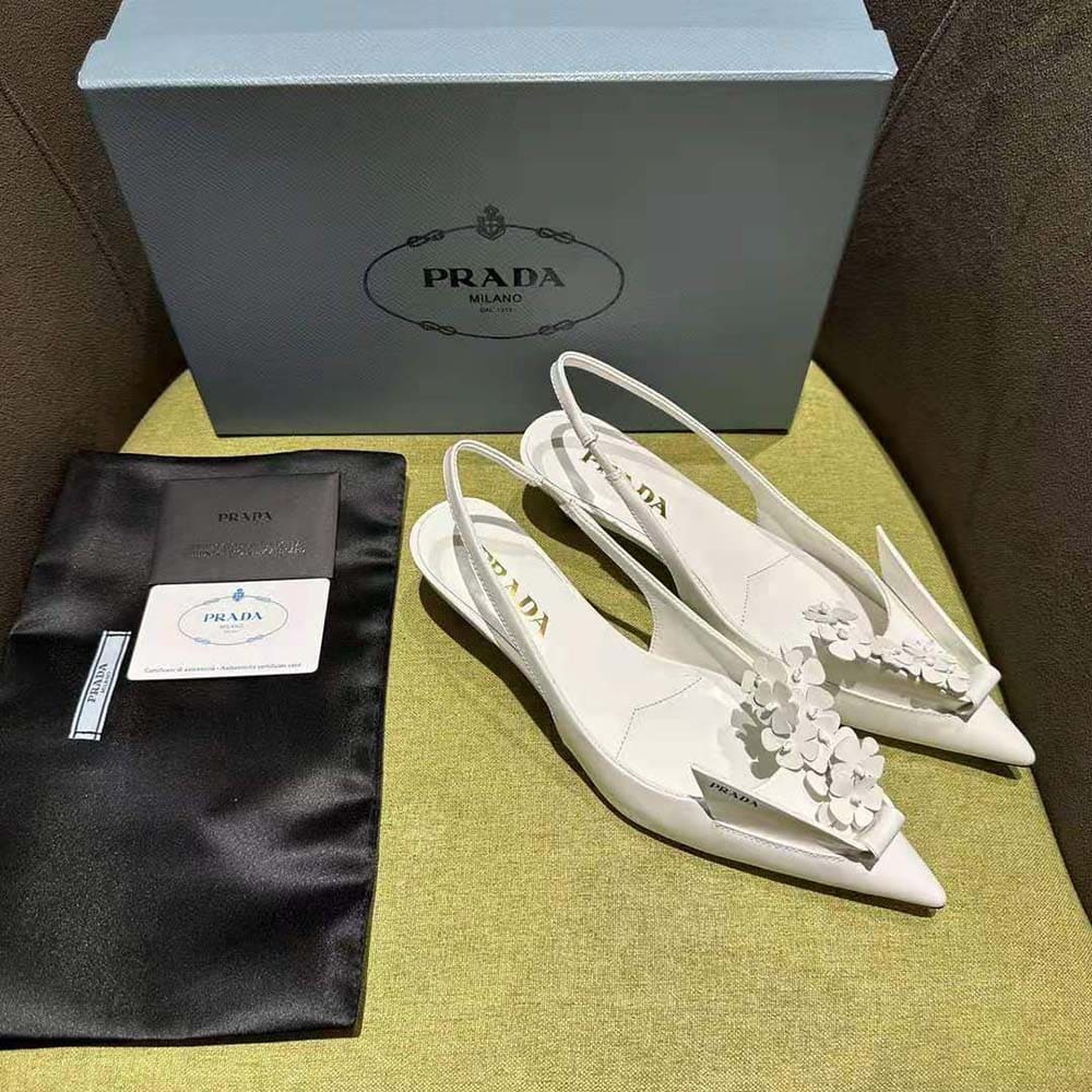 GIÀY Prada Women Brushed Leather Slingback Pumps with Floral Appliques-White