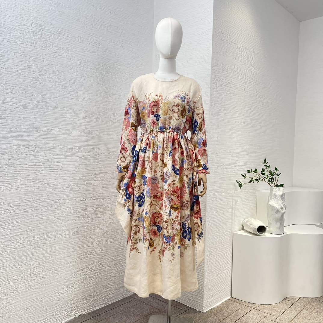 VÁY ZIMMERMANN Beige Floral Print Long Sleeve Belt Midi DressHigh Classy