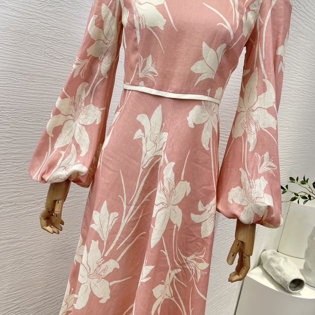 VÁY ZIMMERMANN Pink Floral Print Lantern Sleeve Vinatge Midi Dress High Classy