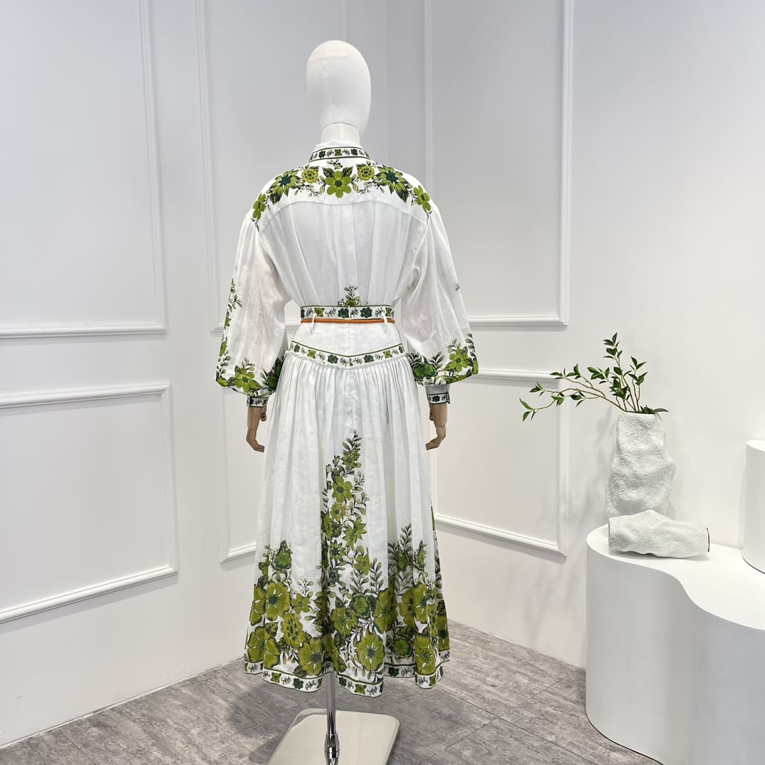 VÁY ZIMMERMANN Green Floral Printing Folds Long Lantern Sleeve Blouse and Midi Skirt Woman Set High Classy