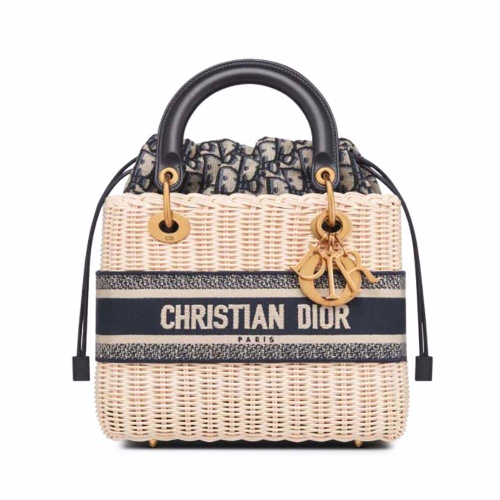 TÚI Dior Women Medium Lady Dior Bag Natural Wicker and Blue Dior Oblique Jacquard