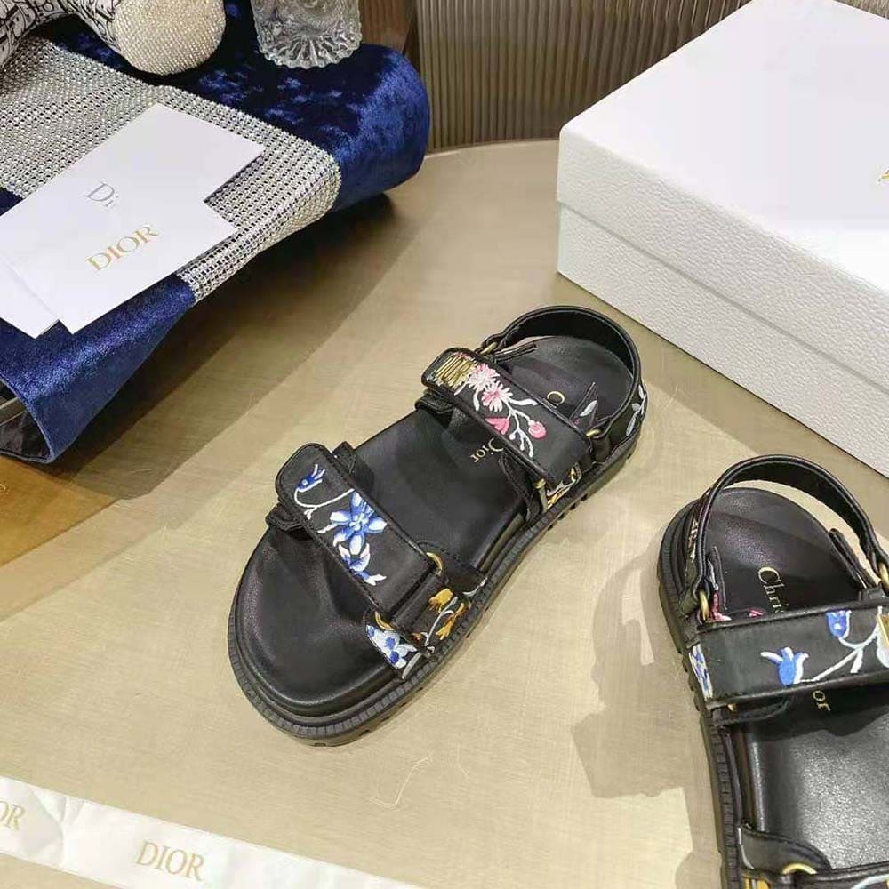 DÉP SANDALS Dior Women Dioract Sandal Black Multicolor Technical Fabric Embroidered with Dior Petites Fleurs Motif