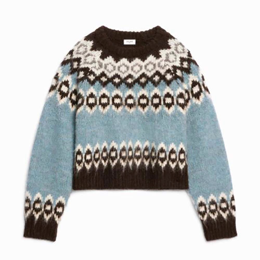 ÁO Celine Women Brushed Wool Crew-Neck Sweater with Fair Isle Detail