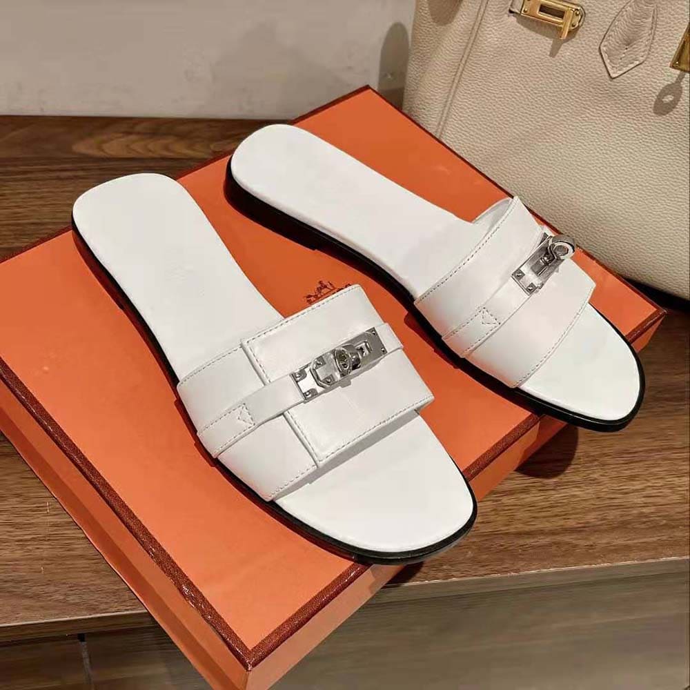 DÉP Hermes Women Giulia Sandal in Calfskin with Iconic Palladium-Plated Kelly Buckle-White