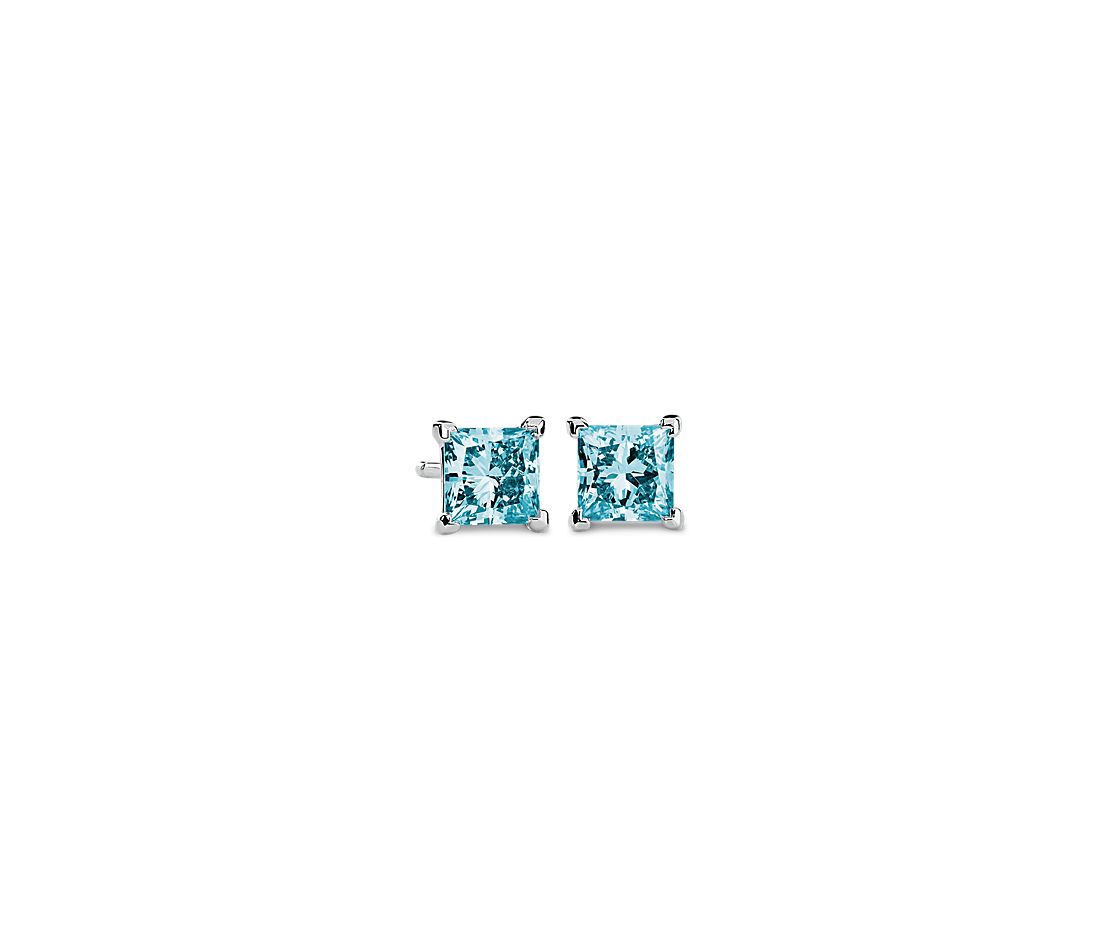 Bông tai vàng trắng 18K Au750 Blue Diamond Princess Solitaire Stud Earrings
