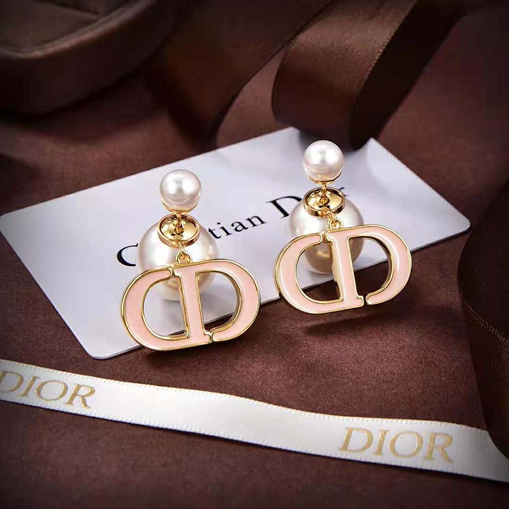 Bông tai Dior Tribales Earrings Gold-Finish Metal and White Resin Pearls with Sand Pink Lacquer