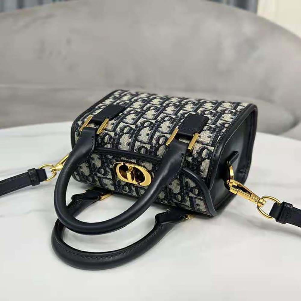 TÚI Dior Women Small Boston Bag Blue Dior Oblique Embroidery and Smooth Calfskin