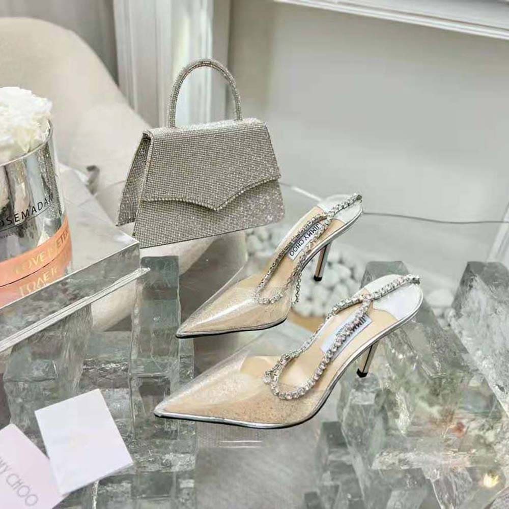 GIÀY Jimmy Choo Women Saeda 100 Silver Glitter Plexi Pumps with Crystal Embellishment