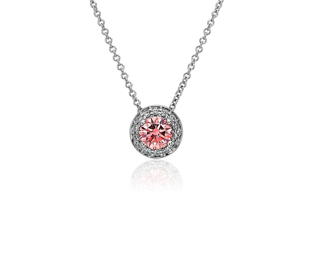 Dây chuyền vàng trắng 18K Au750 Pink Diamond Round Halo Pendant Necklace