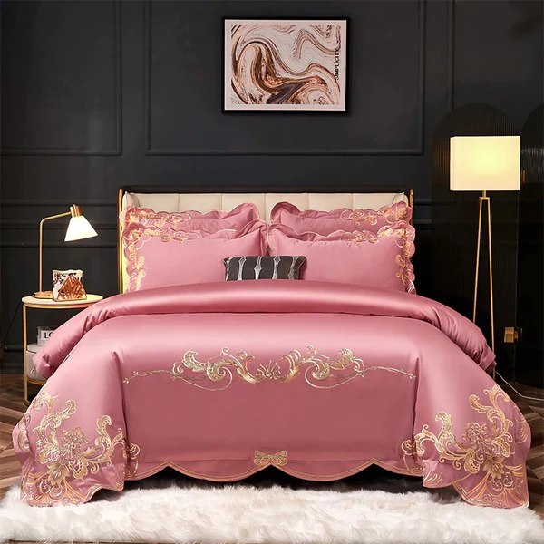 BỘ CHĂN GA GỐI Miriam Pink Embroidered Cotton Duvet Cover Set