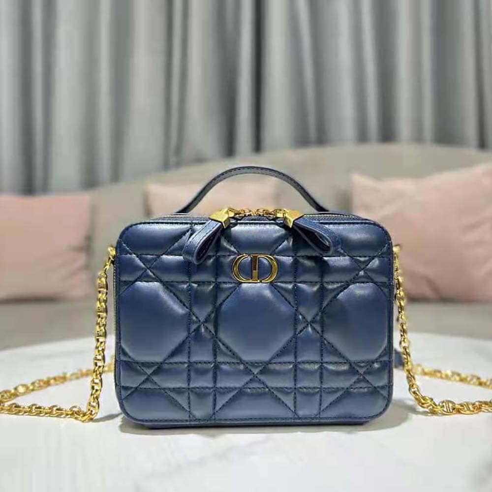 TÚI Dior Women Caro Box Bag with Chain Royal Blue Quilted Macrocannage Calfskin Top Quality