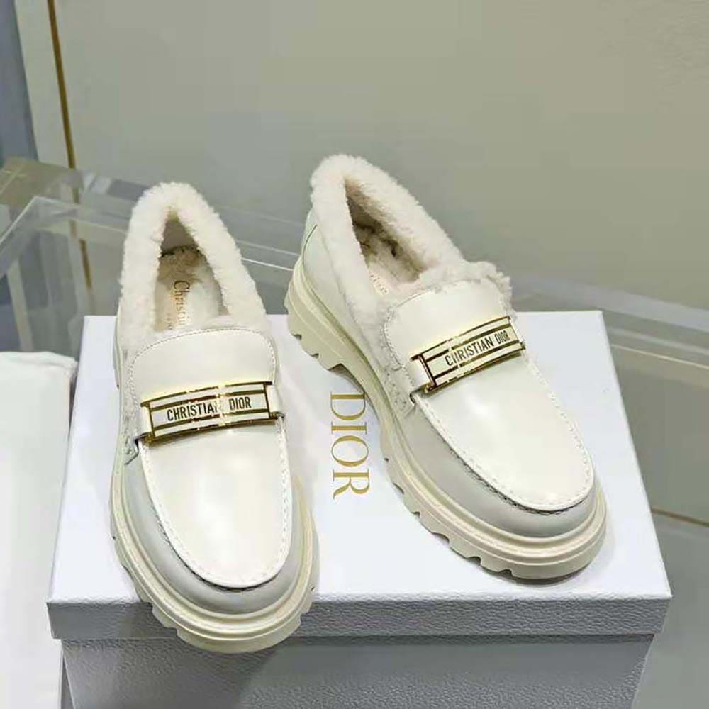 GIÀY Dior Women Code Loafer White Brushed Calfskin and Shearling