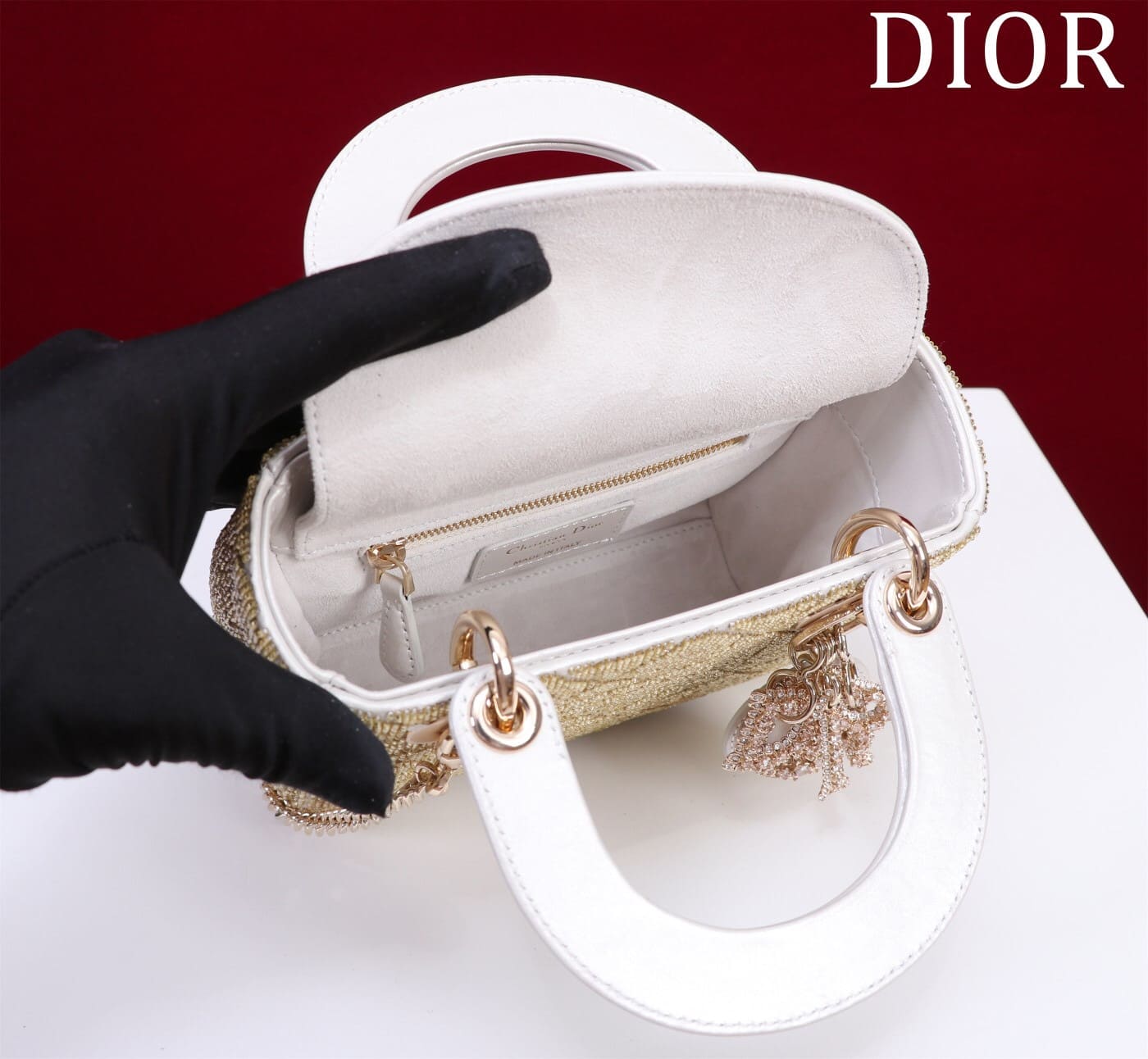 TÚI CHRISTIAN DIOR LADY DIOR Cannage Calfskin with Platinum Beaded Embroidery Metallic