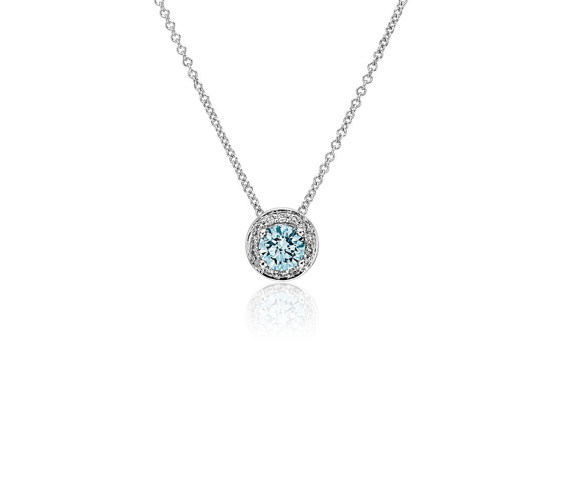 Dây chuyền vàng trắng 18K Au750 Blue Diamond Round Halo Pendant Necklace