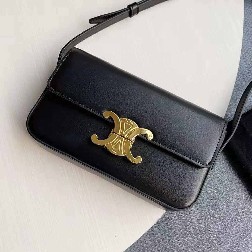 TÚI Celine Women Triomphe Shoulder Bag in Shiny Calfskin-Black