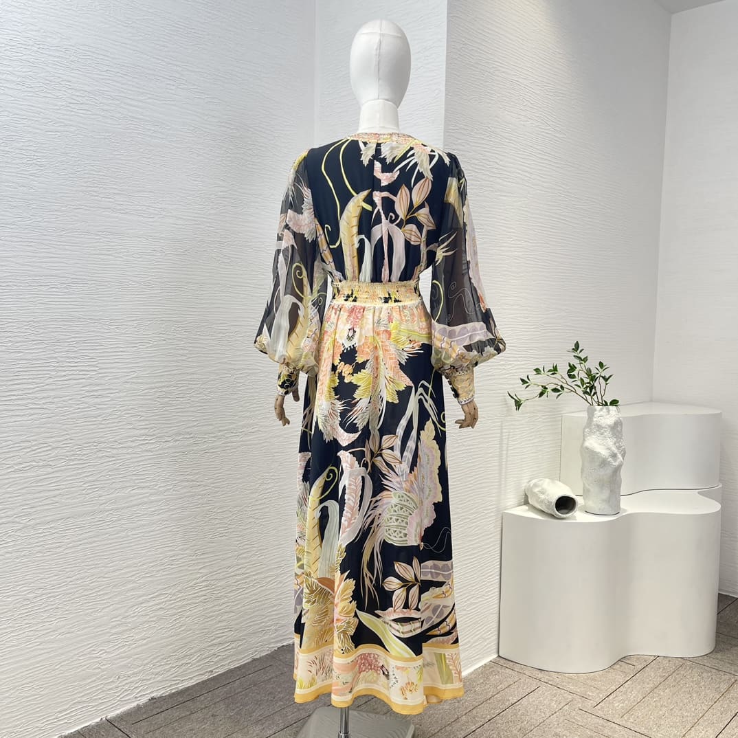 VÁY ZIMMERMANN Beading Black Long Sleeve Floral Print Midi Dress High Classy