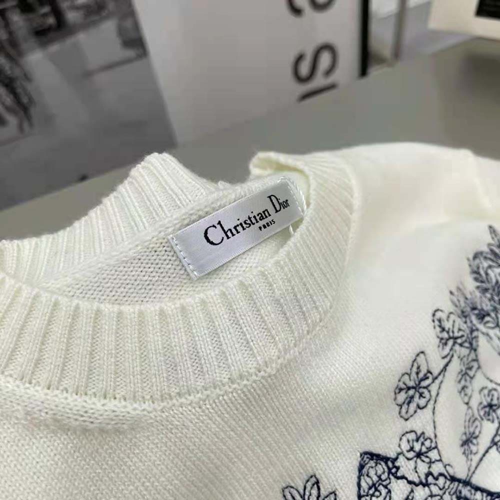 ÁO Dior Sweater Ecru Cashmere Knit with Blue Dior Sevilla Star Motif