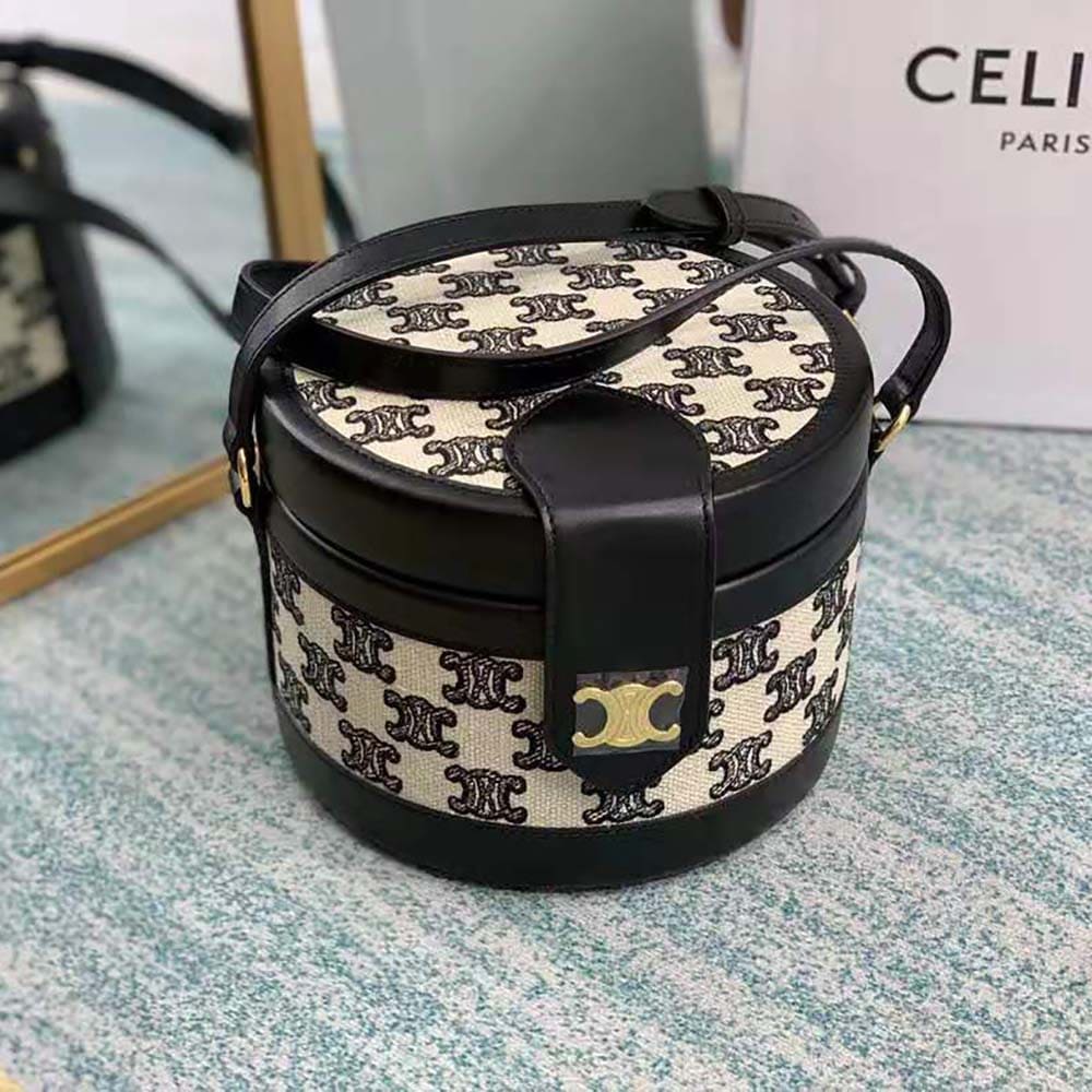 TÚI Celine Women Medium Tambour Bag in Textile with Triomphe Embroidery Calfskin