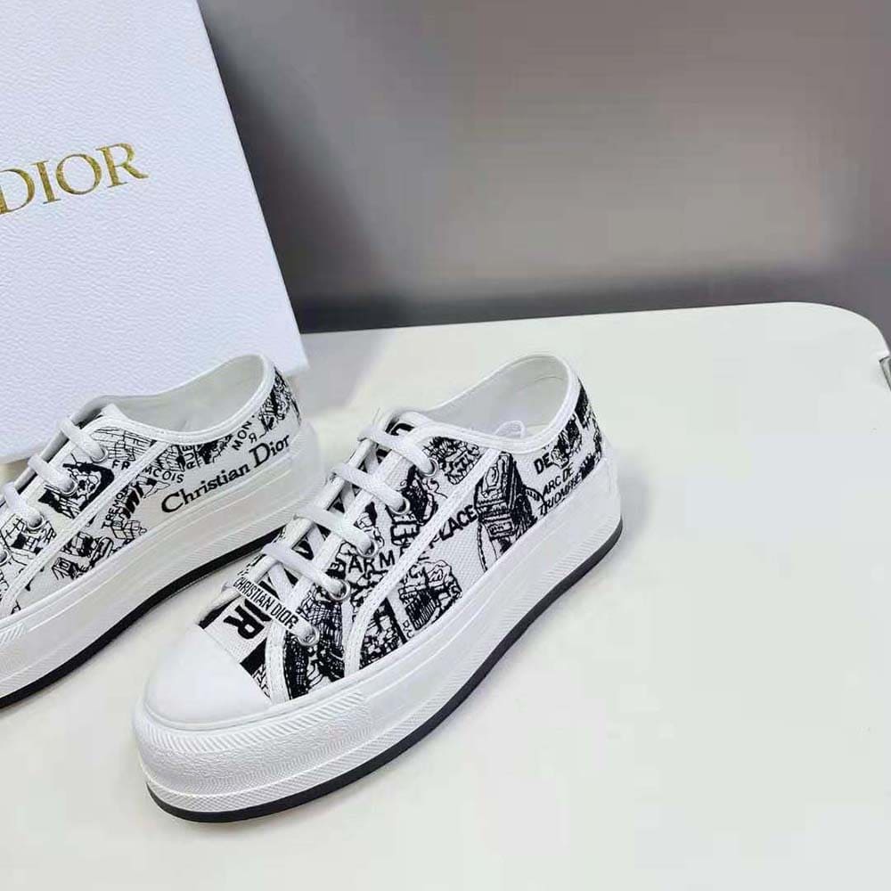 GIÀY Dior Women Walk’N’Dior Platform Sneaker White and Black Cotton Embroidered with Plan De Paris Motif