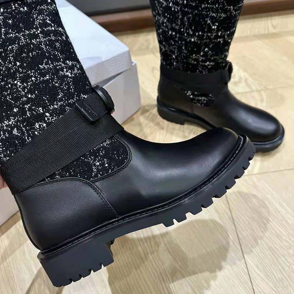 GIÀY Dior Women D-Major Boot Black Calfskin with Black and White Cannage Tweed