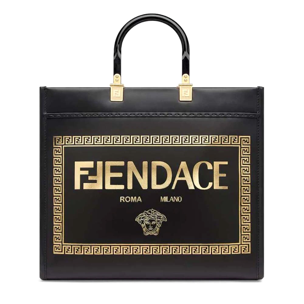 TÚI Fendi Women Sunshine Medium Fendace Printed Black Leather Logo Shopper