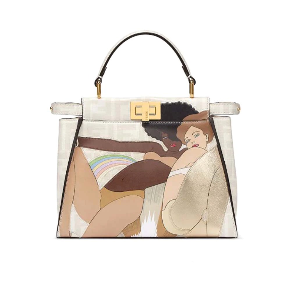 TÚI Fendi Women Peekaboo Iconic Mini FF white Glazed Fabric Bag with Inlay