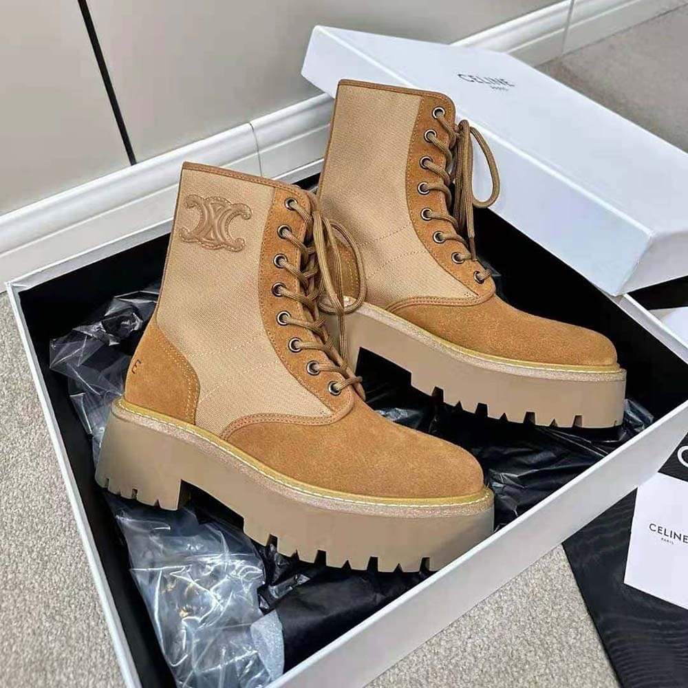GIÀY Celine Women Bulky Lace-up Boot with Triomphe in Nylon & Suede Calfskin
